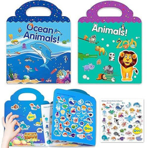 Reusable Sticker Books For Kids, 2 Sets Travel Removable Toddler Sticker Books For 3 4 5 Year Old Girls Boys Birthday Gifts Educational Learning Toys - Ocean & Zoo Animals