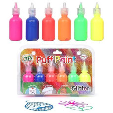 Playkidiz Puff Paint, 6 Pack 3-D Fabric Paint, Glitter Colors, Permanent Non-Toxic Paint Set For Kids, Ages 3+