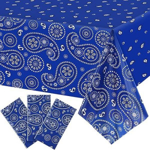 Western Party Tablecloth Paisley Table Cover Bandana Plastic Table Cloth Rectangle Floral Tablecloth For Western Cowboy Themed Party Decorations, 108 X 54 Inches (Blue, 3 Pack)