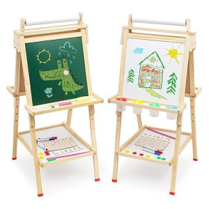 Wooden Easel For Kids 3 In 1 Kids Easel With Paper Roll Adjustable Height Art Easel Chalkboard & Whiteboard Drawing Easel For Kids Toddlers.