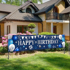 Yard Banner For Happy Birthday Gifts Large Navy Blue Birthday Banners For Outside Birthday Banner Birthday Decorations Backdrop For Men Women Birthday Party Supplies Outdoor And Indoor (Blue, Silver)