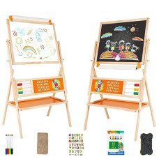 Omotiya 3-In-1 Wooden Easel For Kids, Toddle Double-Sided Easel With Magnetic Whiteboard And Painting Blackboard, 360° Rotatable, Paper-Roll Holder, Storage Tray, And Stickers Included