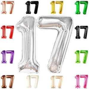 Katchon, Giant Silver 17 Balloon Numbers - 40 Inch | Happy 17Th Birthday Decorations For Boys, Silver 17 Birthday Balloons | 17 Number Balloons | Number 17 Balloons, 17 Birthday Decorations For Girls