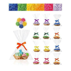 12 Pieces Oval Basket Food Storage Easter Basket Woven Empty Basket Fruit Baskets With Polyester Ribbon Grass Raffia Paper Shreds And Clear Gift Bags For Kitchen Wrapping Gifts, 9 X 7 X 3 Inches