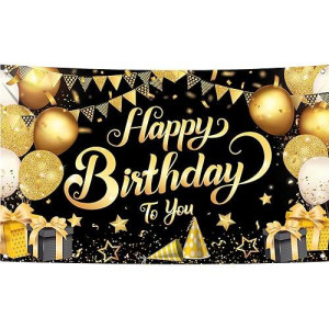 Katchon, Large Black And Gold Happy Birthday Banner - 72X44 Inch | Black And Gold Birthday Decorations For Men | Happy Birthday Backdrop, Happy Birthday Sign | Black And Gold Birthday Banner For Men