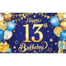 Katchon, Xtralarge Blue And Gold Happy 13Th Birthday Banner - 72X44 Inch | Blue Happy 13Th Birthday Backdrop, 13Th Birthday Decorations For Boys | Blue And Gold 13Th Birthday Party Decorations Boy