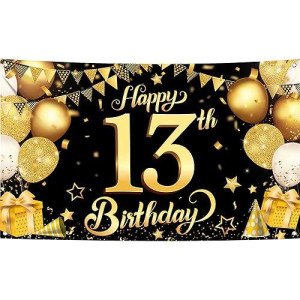 Katchon, Happy 13Th Birthday Banner Black And Gold - Xtralarge, 72X44 Inch | 13Th Happy Birthday Backdrop, Happy 13Th Birthday Banner | 13Th Birthday Decorations For Boys | 13 Birthday Decorations