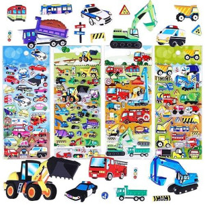 Shangrla Puffy Vehicle Sticker For Kids Toddlers - 3D Puff Car Stickers For Boys Reusable Foam Stickers With Construction Truck,Tractor,Fire Truck,Police Car,Bus,Transportation Stickers Bulk,4 Sheets.