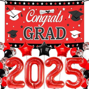 Katchon, Red And Black Graduation Decorations 2025 Set - Pack Of 40 | Red 2025 Balloons, Congrats Grad Banner | Graduation Decorations Class Of 2025 Red And Black | 2025 Graduation Party Decorations