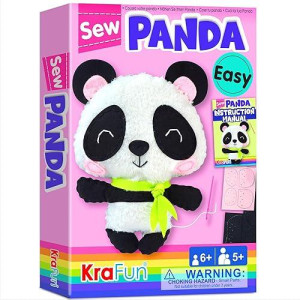 Krafun Panda Animal Sewing Kit For Kids Beginner My First Art & Craft, Includes Panda Doll Stuffed Animal, Instructions & Plush Felt Materials For Embroidery, Age 7 8 9 10 11 12