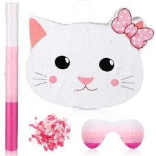 Cat Piñata Cat Birthday Party Supplies Kitty Cat Piñatas For Birthday Party Cat Party Decorations With Blindfold Bat And Confetti For Party Baby Shower Decors, 14.5 X 11.8 X 2.7 Inch, Pink And White