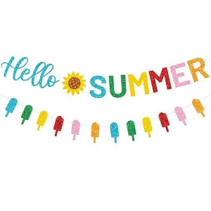 Cavla Glitter Hello Summer Banner With Sunflower Signs And Colorful Glittery Popsicle Banner Hello Summer Ice Cream Garland Banner Summer Birthday Party Fireplace Mantle Decorations Supplies