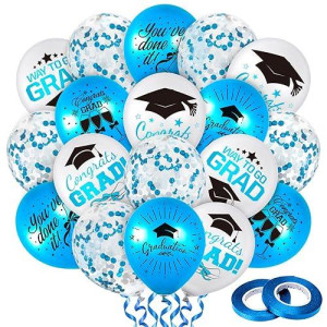 Whaline 60Pcs Graduation Party Balloon Set 7 Designs Sky Blue White Confetti Latex Balloon With 2 Rolls Ribbon Grad Cap Congrats Grad Balloon For Graduation Party Decoration Supplies