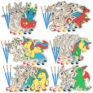 Scs Direct Kids Party Wood Painting Craft Kits (20Ct) -Unicorns & Dragons- Each Kit Has Its Own Brush, Paint, & Figure- Unique Birthday Party Activity, Favors Or Classroom School Activity Gift