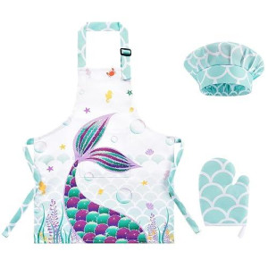 Wernnsai Mermaid Apron Set - Waterproof Chef Artist Cooking Aprons For Kids Girls Toddler Kitchen Apron With Adjustable Strap Pocket Chef Hat And Mittens For Baking Painting (Extra Small, 2-5 Years)