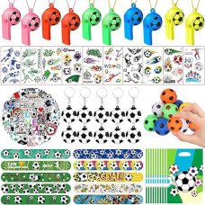 Yujun 112 Pcs Soccer Party Favors Set , Soccer Toy Soccer Fidget Spinners Slap Bracelet Whistle Tattoos Stickers Keychains For Kids Soccer Themed Birthday Party Favors Goodie Present Bags Decorations