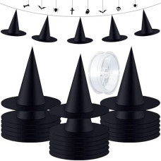 Zeedix 24 Pcs Halloween Black Witch Hats- Halloween Hanging Decorations Witch Hat With 98 Feet Hanging Rope For Halloween Costume Accessories Party Decoration(M)