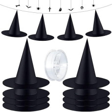 Zeedix 12 Pcs Halloween Black Witch Hats- Halloween Hanging Decorations Witch Hat With 98 Feet Hanging Rope For Halloween Costume Accessories Party Decoration(M)