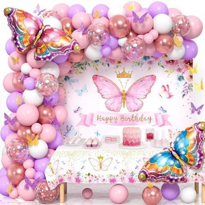 Winrayk Butterfly Party Decorations Birthday Supplies, Pink Purple Balloon Arch Kit With Backdrop Tablecloth Butterfly Wall Decor Foil Balloon, Girls Women Fairy Butterfly Theme Birthday Decorations