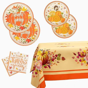 Thanksgiving Party Supplies Tableware Set - 73 Pack Pumpkin Turkey Maple Thanksgiving Plates Napkins And Tablecloth Disposable Dinnerware For Fall Themed Thanksgiving Dinner Party Decorations