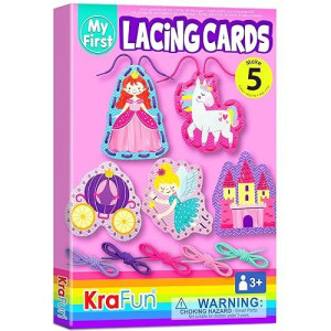 Krafun Beginner Unicorn My First Lacing Card Kit For Kids Arts & Crafts, 5 Easy Princess Lacing Projects, Lacing Cards For Toddlers, Fine Motor Preschool Skills Toys