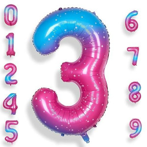 Rainbowq Party Number 3 Balloon 40 Inch For Boy Or Girl Big Starry 0-9 Foil Mylar Large 3 Number Balloon Happy 3Rd Birthday Party Anniversary Decorations Supplies