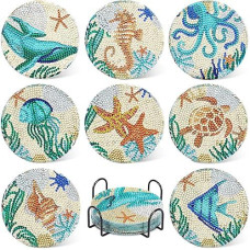 UPINS Ocean Diamond Art Coaster Kits with Holder, 8Pcs