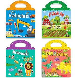 Reusable Sticker Books For Kids, 4 Sets Removable Toddler Sticker Book For Girls Boys Educational Learning Toys - Vehicle, Farm, Dinosaur & Zoo Animal