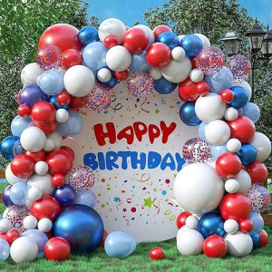 Red White And Blue Balloon Arch Kit 130 Pcs, Royal Blue Red White Balloons Baseball Balloon Arch Kit With Pearl Blue And Red Blue Confetti Balloons For Birthday Patriotic Baseball Club America Parties