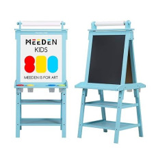 Meeden Art Kids Wooden Easel: Double-Sided Solid Pine Wood Art Easel With Paper Roll - Kids Art Easel With Chalkboard & Magnetic Whiteboard For Boy & Girls Gift - Blue