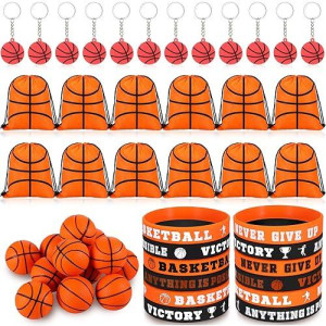 Leifide 48 Pcs Basketball Soccer Football Baseball Party Favors Supplies 12 Silicone Bracelet 12 Drawstring Treat Bag 12 Mini Stress Ball 12 Keychains For Birthday Sports Party Supplies(Basketball)