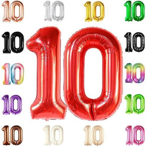 Katchon, Giant Red 10 Balloon Number - 40 Inch | 10Th Birthday Decorations | Red 10Th Birthday Balloons For 10 Birthday Decorations Red | Red Number 10 Balloons