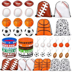 Leifide 48 Pcs Basketball Soccer Football Baseball Party Favors Supplies 12 Silicone Bracelet 12 Drawstring Treat Bag 12 Mini Stress Ball 12 Keychains For Birthday Sports Party Supplies (Mixed Style)