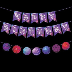 Zwiebeco Space Happy Birthday Party Decoration Banner Sign Bunting Garland Hanging Paper Kit For Kids Boys Girls Universe Planets Solar Galaxy Astronaut Theme Accessories Supplies