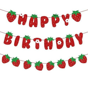 Zwiebeco Strawberry Happy Birthday Party Decoration Sign Banner Bunting Garland Hanging Paper Kit For Kids Girls Red Green Theme Accessories Supplies