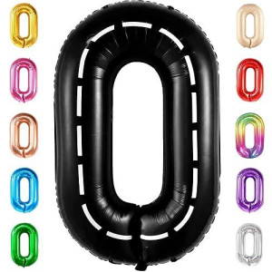 Katchon, Giant Race Car 0 Balloon Number - 40 Inch | Black Racetrack 0 Number For Race Car Theme Party Decorations, Road Party Decorations | Toddler Construction Party Supplies | Number 0 Balloon