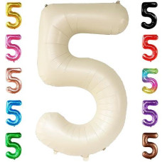 Katchon, Gaint Cream White 5 Balloon Number - 40 Inch | 5 Birthday Balloon Decor | 5Th Birthday Decorations For Boys | Creme Number 5 Balloon | 5 Year Old Balloon For 5Th Anniversary Party Supplies