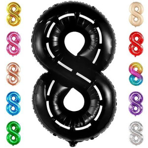 Katchon, Giant Number 8 Check Balloon - 40 Inch | 8 Construction Balloon Decor | 8Th Road Birthday Decorations | Number 8 Road Balloon For 8Th Birthday Racing Decorations Boy | Black Number 8 Balloon