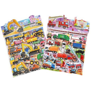 Shangrla Large Puffy Stickers Playset:Construction And Vehicle For Toddlers Boys Kids Travel Airplane Activities Reusable 3D Sticker With Trucks Tractor Police Car Fire Truck Ambulance,Puff Stickers.