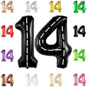 Katchon, Giant Race Car 14 Balloon Number - 40 Inch | Black 14 Birthday Balloon | 14Th Road Birthday Decorations | 14 Year Old Balloon For 14Th Construction Birthday Decorations | Number 14 Balloon