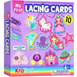 Krafun Beginner Unicorn My First Lacing Card Kit For Kids Arts & Crafts, 10 Easy Princess, Mermaid, Lacing Projects, Toddlers Lace Project, Fine Motor Preschool Skills Toys