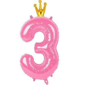 40 Inch Number Balloon 3, Pink 3Rd Birthday Balloon Numbers With Crown, Three Year Old Birthday Decor, Big Numbers 13 30 For Party Decorations Anniversary