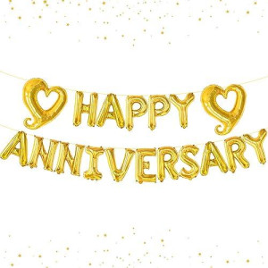 Katchon, Gold Happy Anniversary Balloons Letters - 18 Inch, Gold Hook Heart Balloons Foil | Gold Happy Anniversary Banner For Happy Anniversary Decorations | Gold Happy Anniversary Balloon Banner