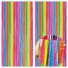 Katchon, Sparkling Rainbow Fringe Curtain - 3.2X8 Feet, Pack Of 2 | Sparkling Rainbow Foil Curtain For Rainbow Party Decorations | Rainbow Backdrop | Rainbow Streamers For Candyland Party Decorations