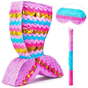 Mermaid Tail Pinata With Plastic Bat And Paper Blindfold For Fun Fiesta Taco Party Supplies, Photo Props, Mexican Theme Decoration, Carnivals Festivals, Girl Kids Birthday Parties 13W X 15.7H