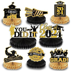 8 Pcs Graduation Honeycomb Table Toppers For Graduation Party Decorations Class Of 2024 Supplies Congrats Grad Table Centerpieces Gold (Black Gold)