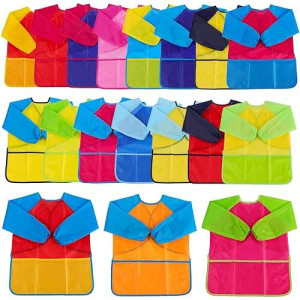 Zkptops 18 Pack Kids Art Smocks Waterproof Kids Painting Aprons Toddler Art Smock Kids Paint Smock With Long Sleeve 3 Roomy Pockets For Age 3-7 Years