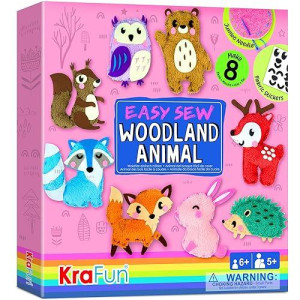 Krafun Easy Sewing Kit For Beginner Kids Arts & Crafts, 8 Diy Projects Of Stuffed Dolls Of Woodland Animals, Bear, Bunny, Fox, Owl, Instructions & Felt, Gift For Girls, Boys, Learn To Sew