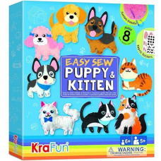 Krafun Easy Sewing Kit For Beginner Kids Arts & Crafts, 8 Easy Diy Projects Of Stuffed Animal Dolls Of Puppies & Kittens, Dogs And Cats, Instructions & Felt, Gift For Girls, Boys, Learn To Sew