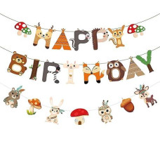 Zwiebeco Forest Animals Happy Birthday Party Decoration Banner Bunting Garland Hanging Paper Kit For Boys Girls Baby Kids Wild One Safari Themed Accessories Supplies